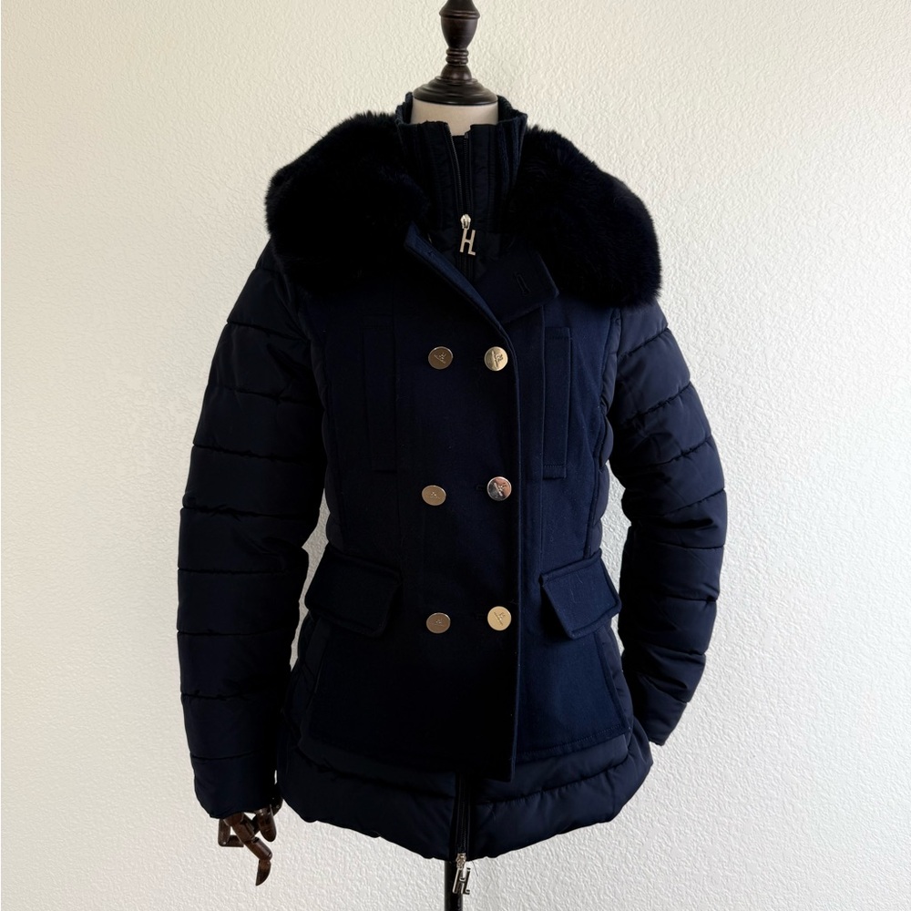 Women's Navy Double-Breasted Puffer Jacket with Faux Fur Collar